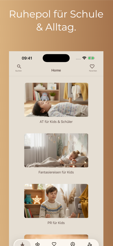 Home screen of Entspann dich App showing relaxation and meditation categories for kids and students