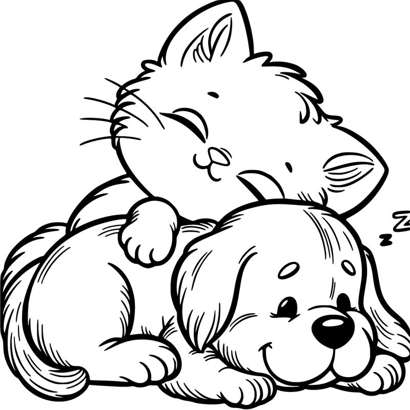 kitty sleeping on puppy