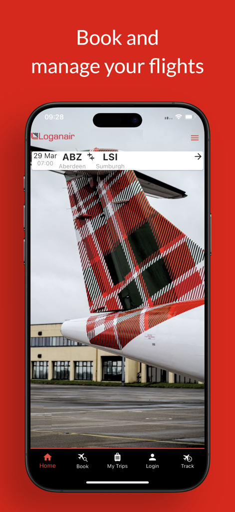 Loganair app interface for booking and managing flights featuring a tartan airplane tail.