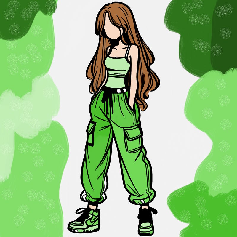 girl in baggy pants crop top and long hair