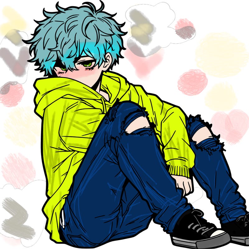a male hoddie ripped jeans messy hair anime