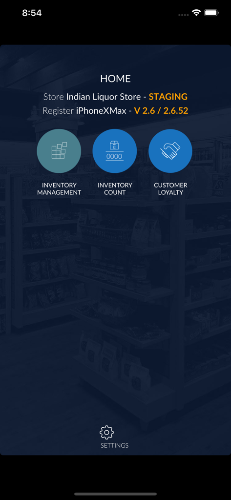 Rapid RMS point of sale app home screen displaying inventory management and customer loyalty tools