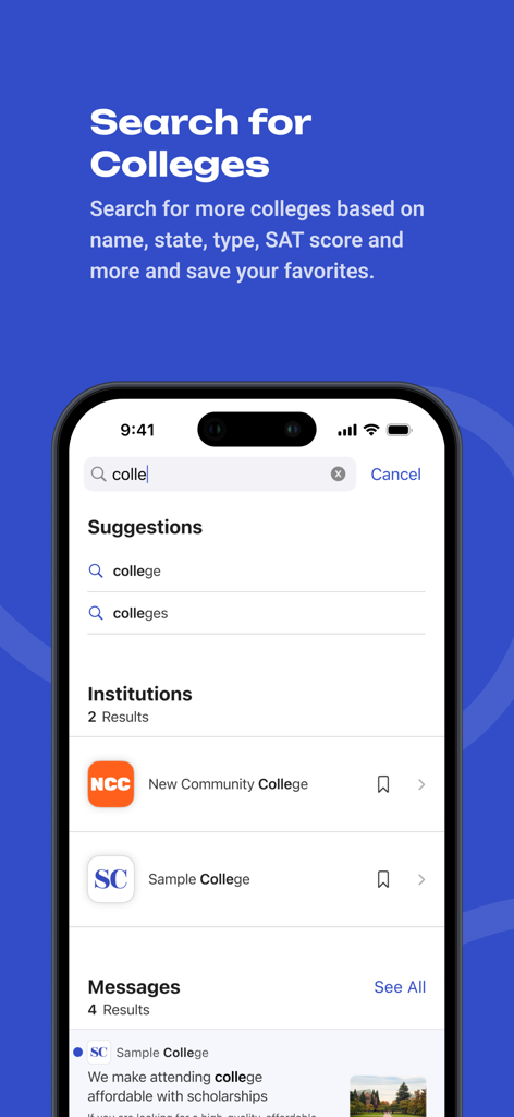 BigFuture School app college search screen showing search results for institutions