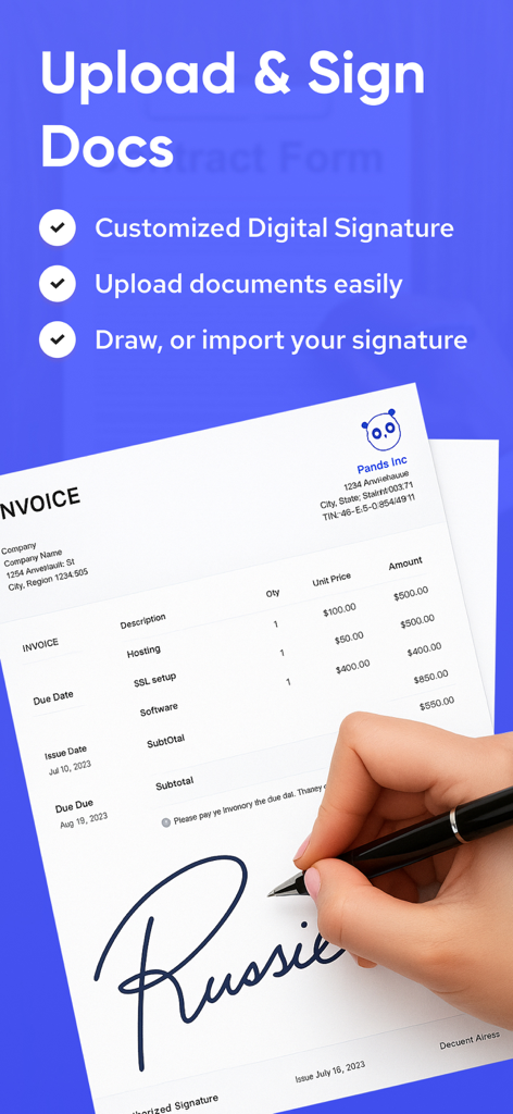 DigiSign - Sign PDF & Document - Oberfläche der DigiSign-App, die zeigt, wie eine Rechnung als PDF auf dem Handy hochgeladen und digital signiert wird