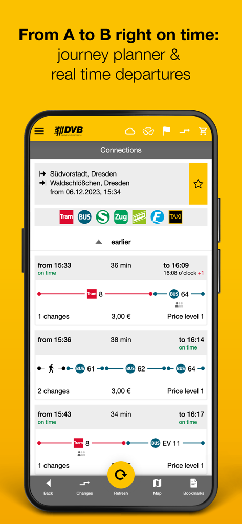 DVB mobil - DVB mobil app interface showing journey planner results for public transport in Dresden
