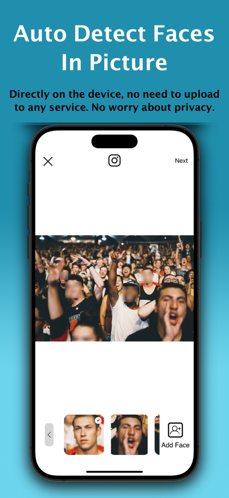 A smartphone screen displaying the Auto Blur Faces app with faces in a crowd photo automatically blurred