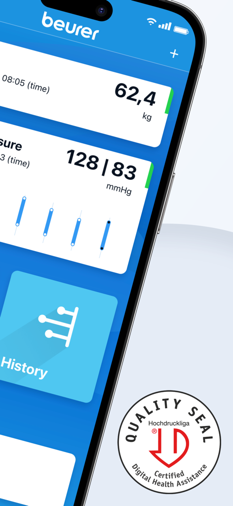 beurer HealthManager Pro - Interfaz de la aplicación Beurer HealthManager Pro que muestra mediciones de presión arterial y peso
