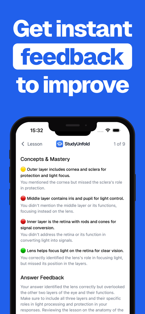 Interfaz de la aplicación StudyUnfold que muestra retroalimentación generada por IA sobre los conceptos y el dominio de una lección de biología.