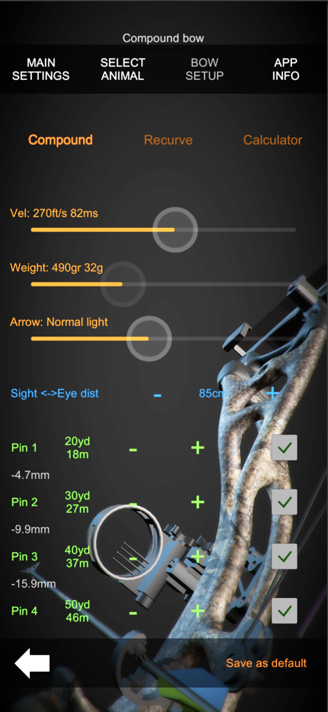 Compound bow setup screen with velocity and weight adjustments in Bow Hunt Simulator.