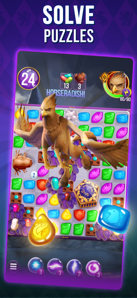 Match 3 puzzle gameplay in Harry Potter Puzzles and Spells with a Hippogriff and themed gems