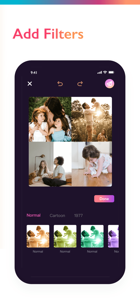 Interfaz de Photo Collage Maker Pic Grid que muestra opciones de filtros para una cuadrícula de fotos