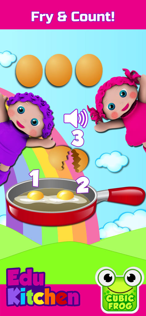 EduKitchen-Toddlers Food Games - Niño pequeño contando huevos en una sartén para el aprendizaje de matemáticas preescolares