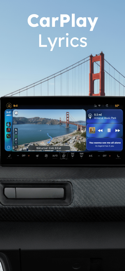 Dynamic Lyrics Widget - A car dashboard displaying the Lyricsly app on CarPlay with a music widget showing real-time synced song lyrics alongside a navigation map.