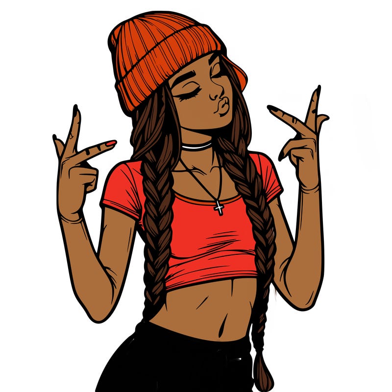 realistic teenage girl with braids and a beanie and crop top doing 🫶🏼