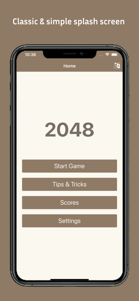 Pantalla del menú principal del juego de rompecabezas 2048 con un diseño minimalista en marrón y beige