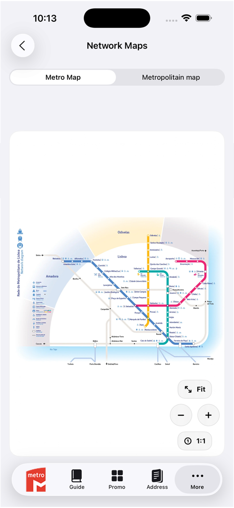 ズームコントロールとナビゲーションバーを備えたリスボン地下鉄ネットワークマップ。