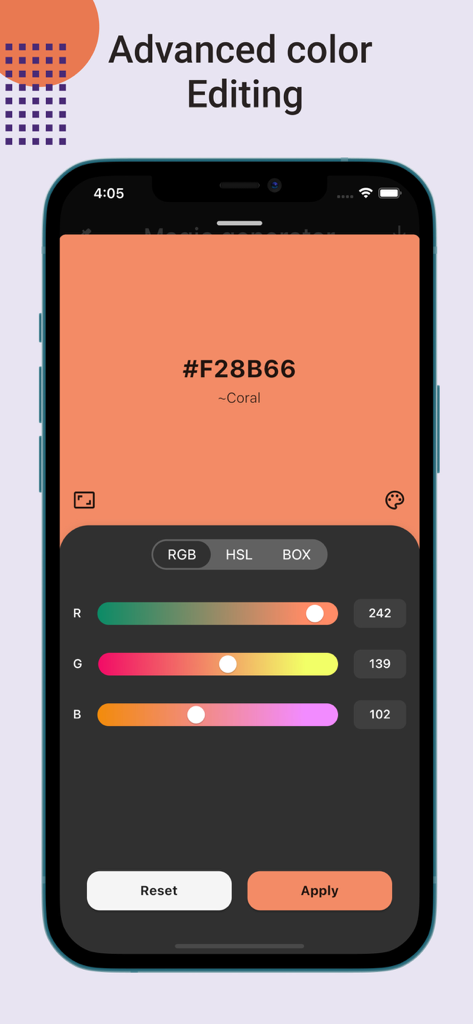 Color Picker: Grab Palette - Advanced color editing interface in Color Picker app showing RGB sliders and hex code for coral