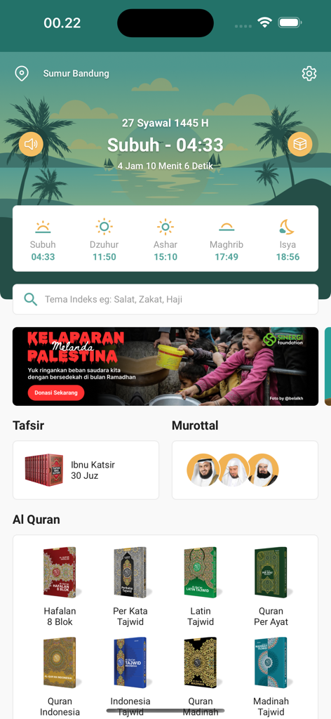 The home screen of the Islampedia app showing daily prayer times and various editions of the Quran for study and memorization.
