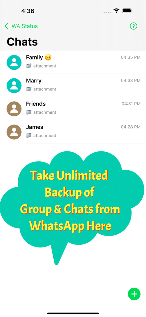 Status downloader - Interface of the Status downloader app displaying a list of chats and a prompt for taking unlimited WhatsApp backups.