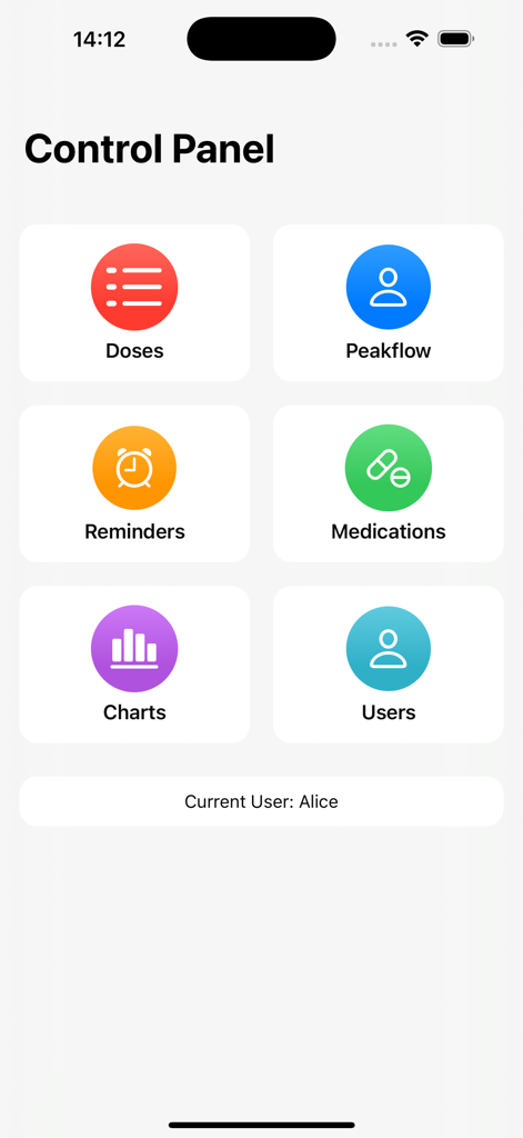 Track My Asthma - The main control panel of the Track My Asthma app featuring icons for doses, peakflow, reminders, medications, charts, and users.
