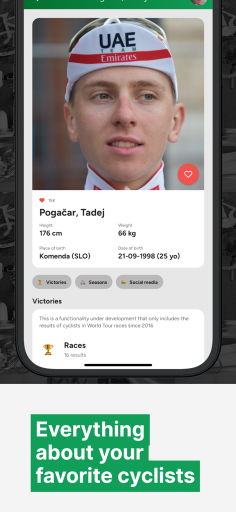 Cyclingoo: Cycling results - A detailed pro cyclist profile page in the Cyclingoo app showing personal data and race victories