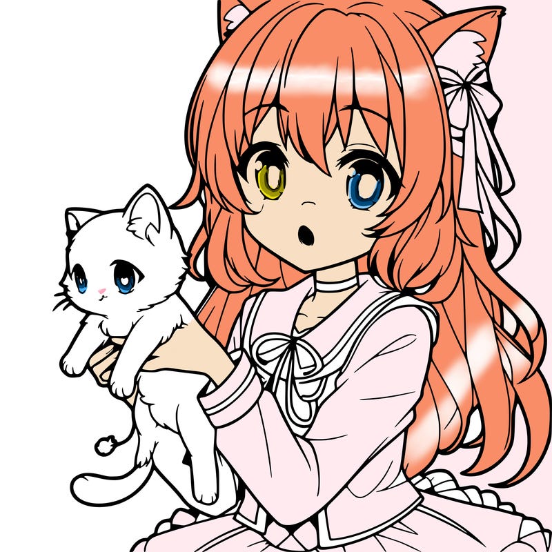 an anime girl holding a kitten