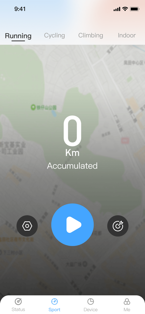 STF Watch app sports interface showing running activity tracker with map and play button