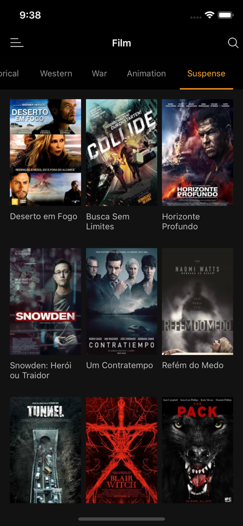 MovTV - Tela do aplicativo móvel MovTV exibindo um catálogo de filmes de suspense com títulos em português.