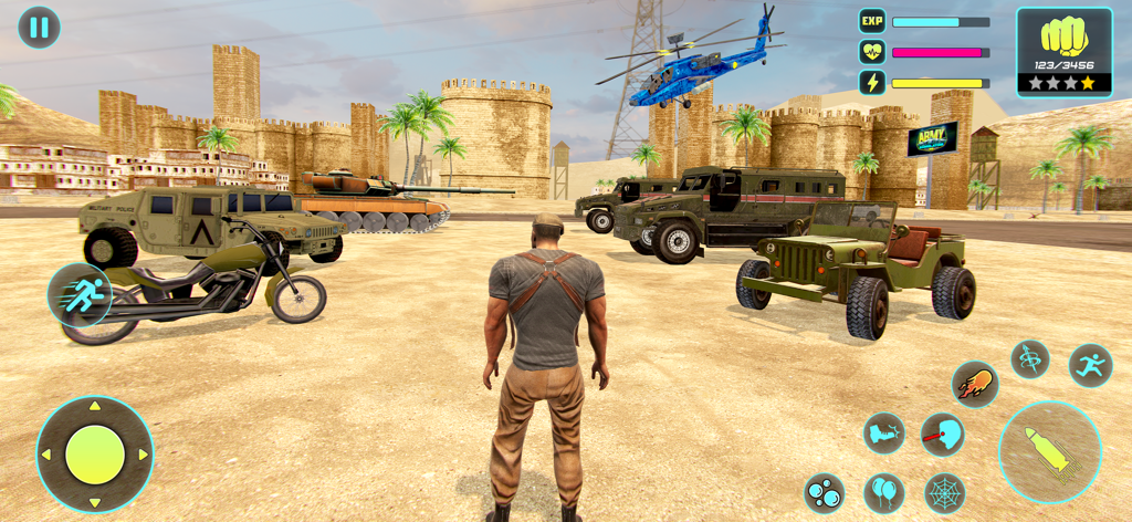 Tank Games 3D : Army War Games - Third-person view of a character in a desert army base with various military vehicles and a helicopter