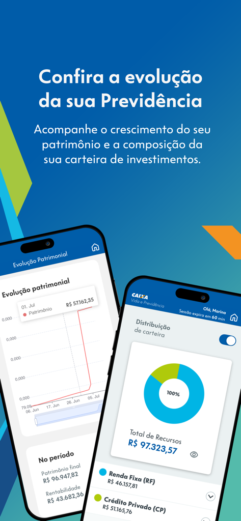 Telas do aplicativo Caixa Vida e Previdência mostrando gráficos de crescimento de ativos e distribuição de portfólio de investimentos.
