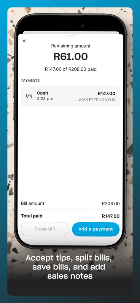 Yoco Point of Sale (POS) - Smartphone screen showing Yoco POS bill splitting and payment management features