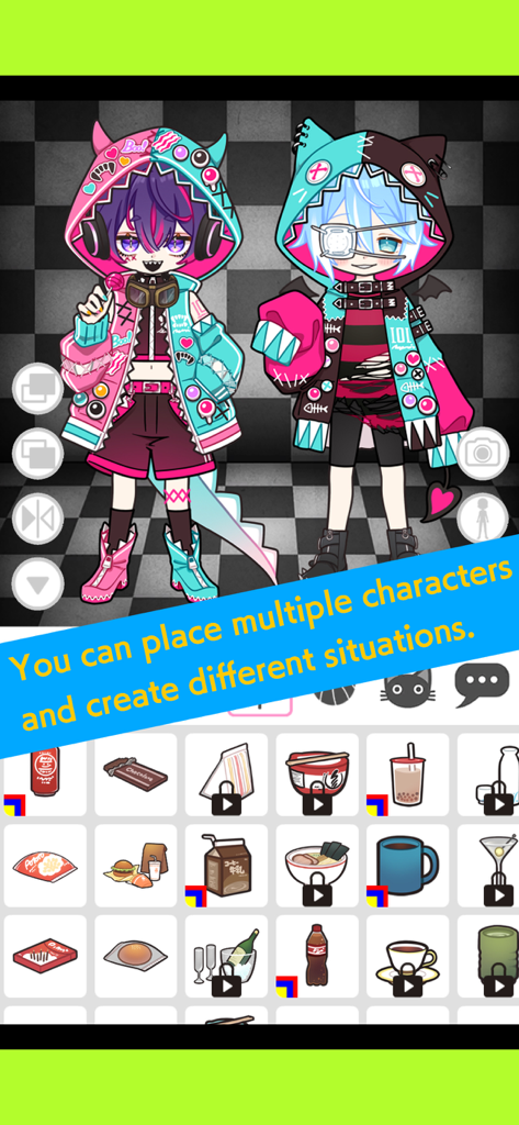 Black Lollipop Boys : OC Maker - Interface of Black Lollipop Boys OC Maker showing two custom edgy anime characters and a grid of accessory items