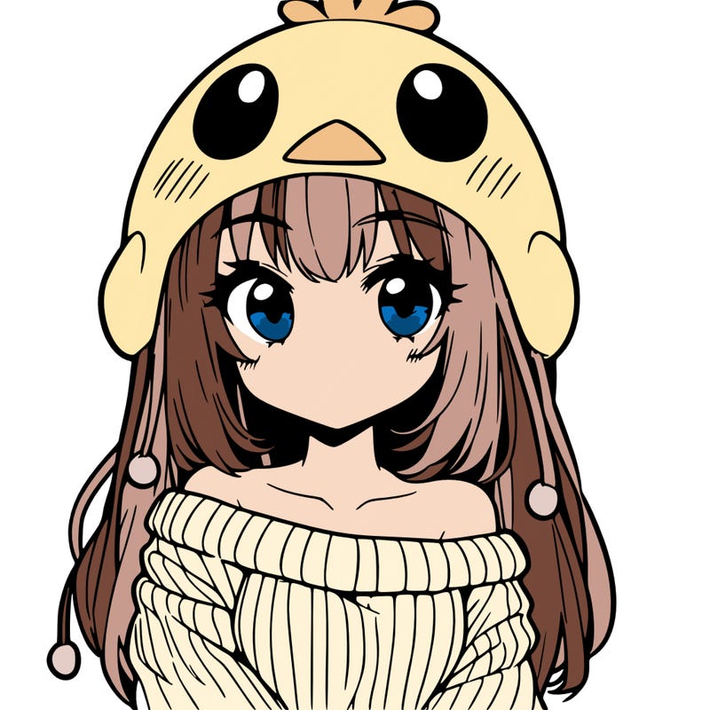 anime girl with chick shaped hat with sweater with bare shoulders with bangs covering them one eye with low tail