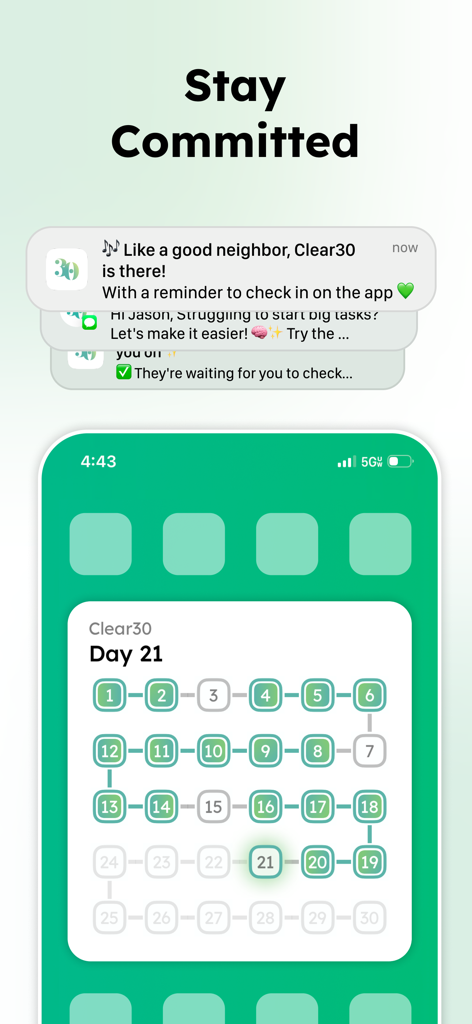 Clear30: Quit Smoking Weed - Clear30 app home screen widget showing 30 day sobriety progress and motivational push notifications on an iPhone