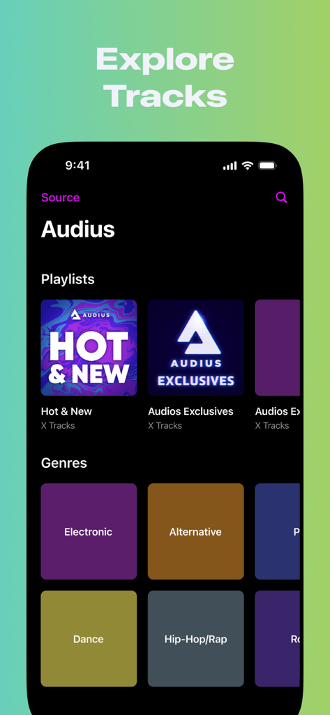 The Explore Tracks screen of the Bass Booster app showing Audius playlists and genre categories like Hip-Hop and Electronic