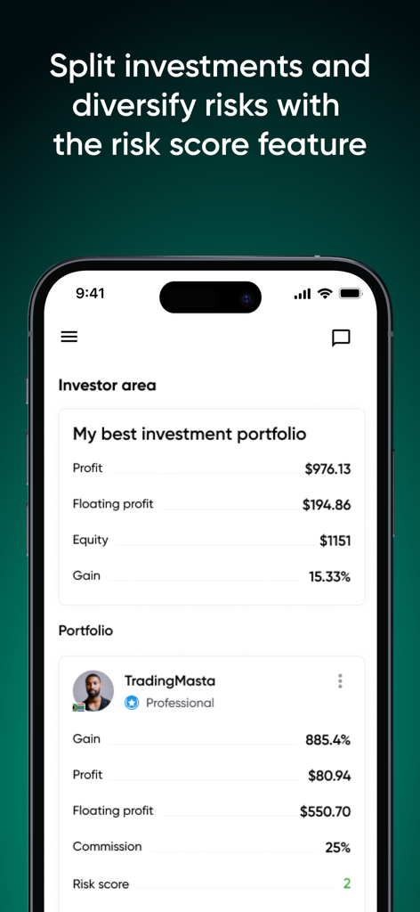 JustMarkets Copytrading - JustMarkets app screenshot showing an investment portfolio summary and professional trader risk score metrics.