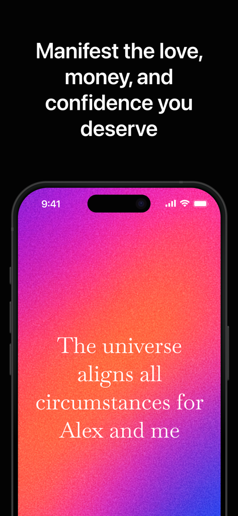 shimmer: daily affirmations - Shimmer app screen displaying a personalized manifestation affirmation on a colorful gradient background