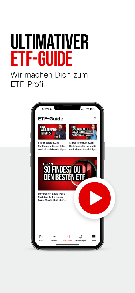 Buy The Dip - Smartphone-Bildschirm, der den ultimativen ETF-Leitfaden und Anlagestrategien in der Buy The Dip App zeigt