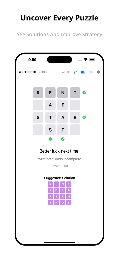 Offline Game: Wreflecto Word - Una captura de pantalla de la aplicación Wreflecto Word que muestra una cuadrícula de palabras incompleta y su solución sugerida para ayudar a los jugadores a mejorar su estrategia.