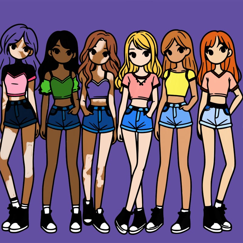 a group of girls wearing crop tops and shorts