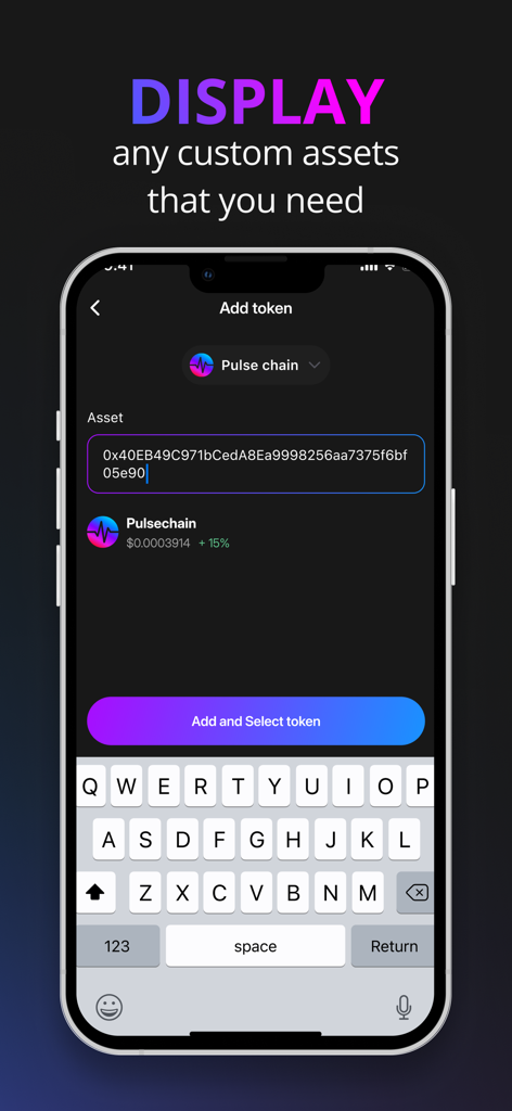 Écran de l'application Pulse Wallet montrant comment ajouter et afficher des actifs personnalisés sur PulseChain