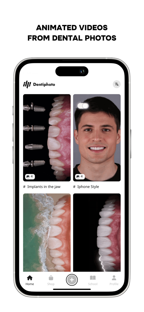 Dentiphoto: Dental Photography - Interface do aplicativo Dentiphoto mostrando uma galeria de modelos de vídeo animados criados a partir de fotografias odontológicas para marketing profissional.