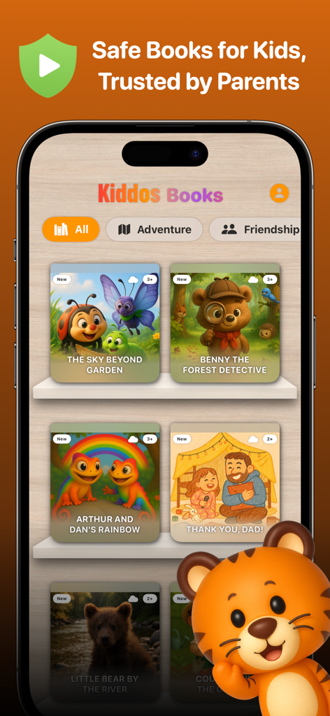 La interfaz de la aplicación Kiddos Books que muestra una biblioteca digital de libros infantiles ilustrados en la pantalla de un teléfono inteligente