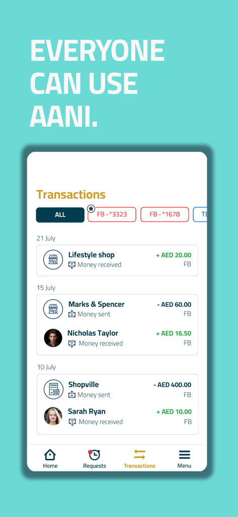 Aani mobile app screen displaying a list of recent financial transactions and money transfers