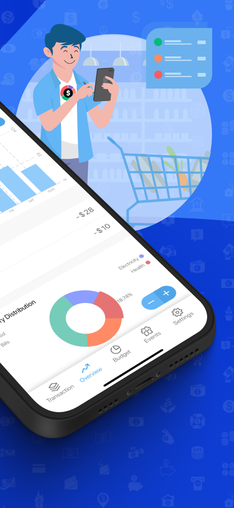 Expense Now アプリのインターフェース。財務概要グラフと、食料品の支出を記録している人が表示されています