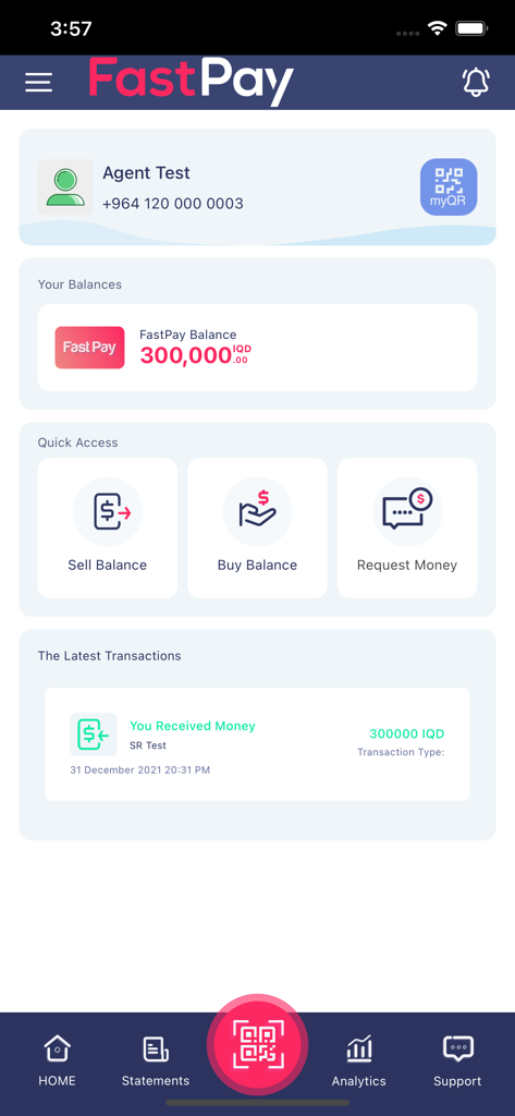 Fastpay Agent - FastPay Agent app home screen displaying account balance and transaction options.