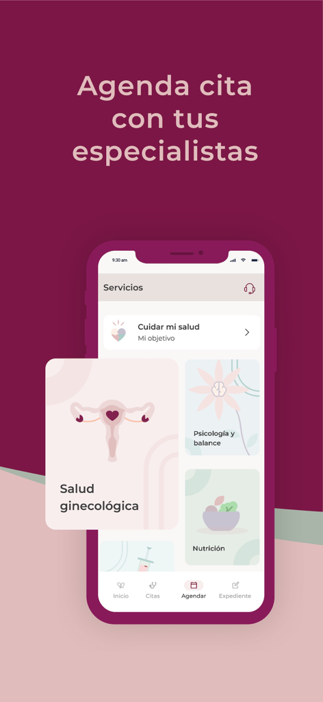 Plenna mobile app interface showing options to schedule gynecology psychology and nutrition services