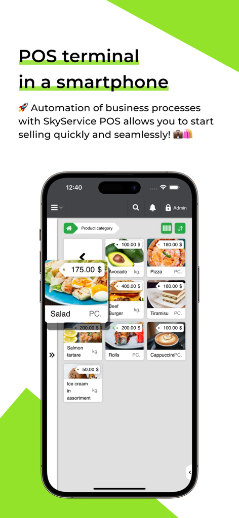 SkyPOS Cloud POS - SkyPOS mobile terminal interface on a smartphone showing various food items and prices for business sales