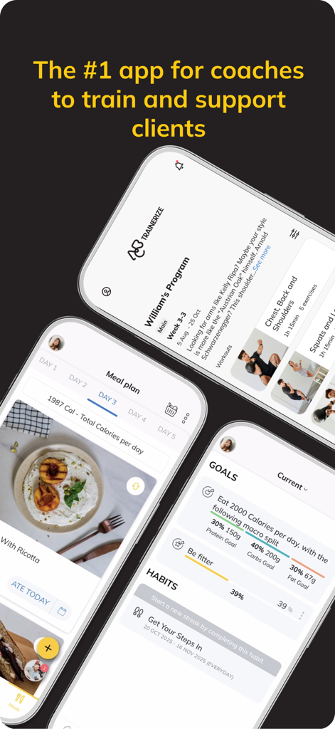 ABC Trainerize app screenshots showing workout programs meal plans and fitness goal tracking