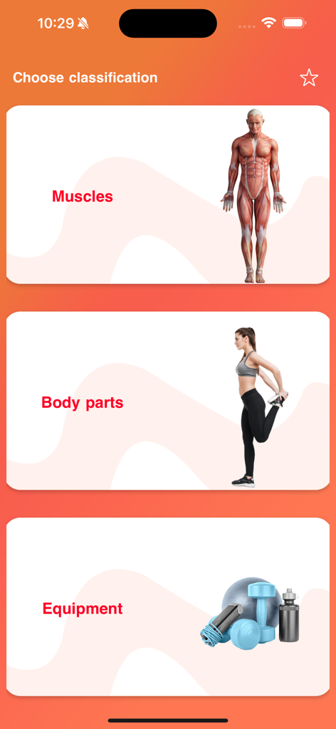 Fit Pro: Home & Gym Workouts - Pantalla de la aplicación Fit Pro mostrando categorías de rutinas por Músculos, Partes del cuerpo y Equipo.
